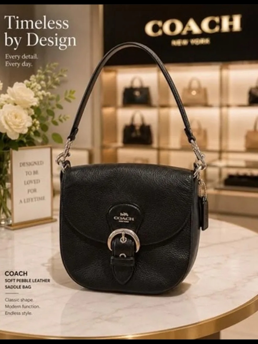 COACH Kleo Black Pebble Leather Saddle Shoulder Bag